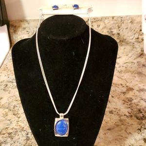 HANNAH SILVER NECKLACE AND EARRING SET WITH BLUE JEWEL